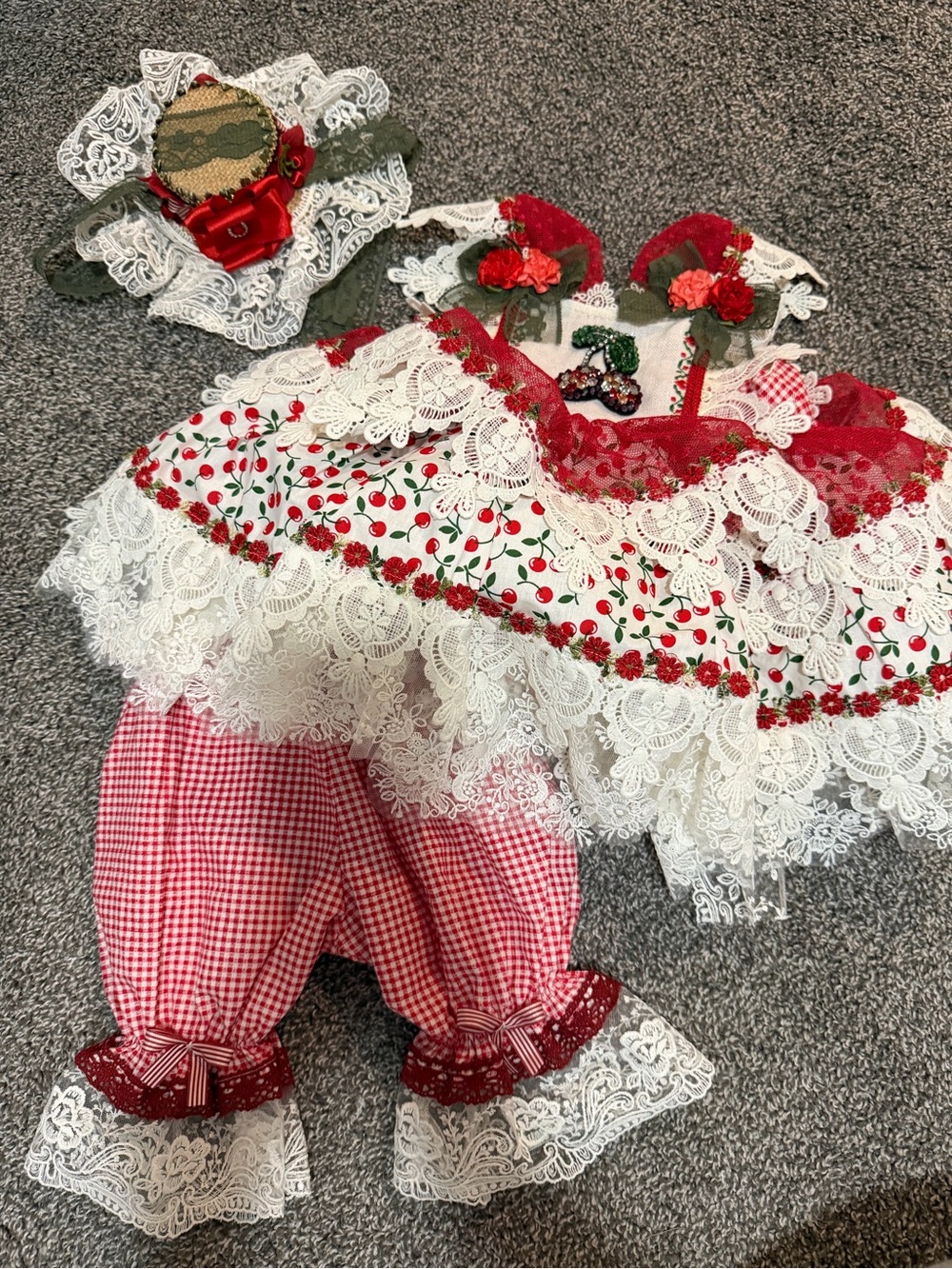 Custom made Red & White Cherry Lace Girls' dress Set